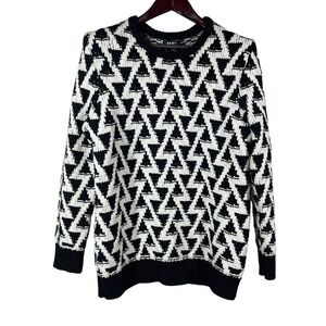 DKNY Triangle Stitch Sweater Mens L Black & White Wool Blend Chunky Knit Cozy